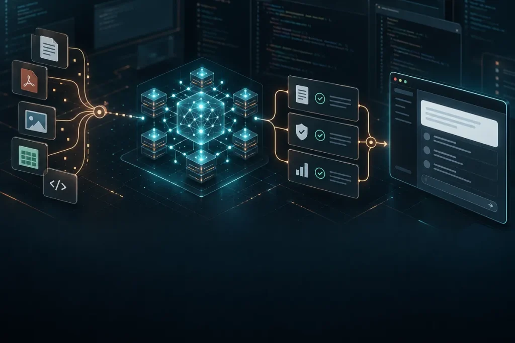 Concept illustration of documents flowing through AI processing, evaluation and a deployed application