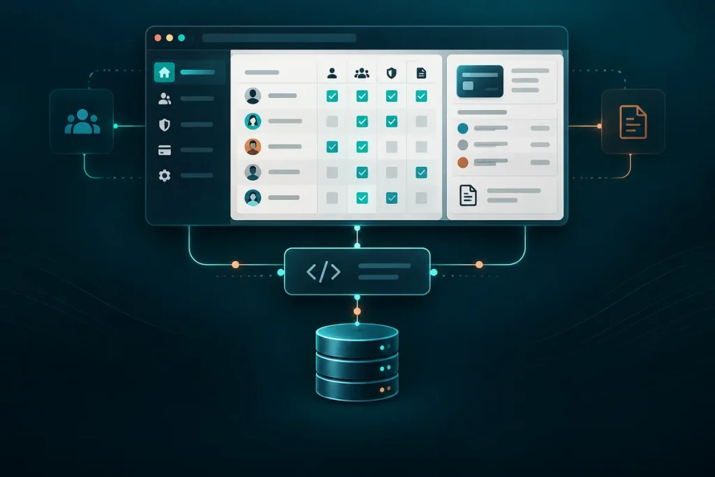 Concept illustration of SaaS team permissions, billing, backend API and database