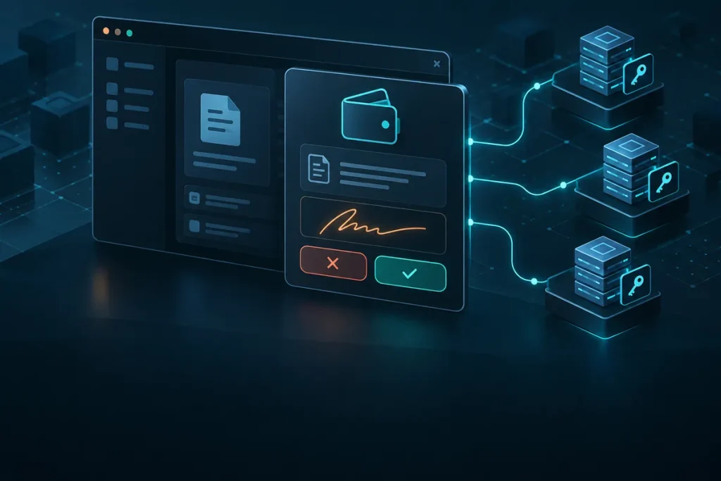 Concept illustration of wallet message signing connected to a distributed network