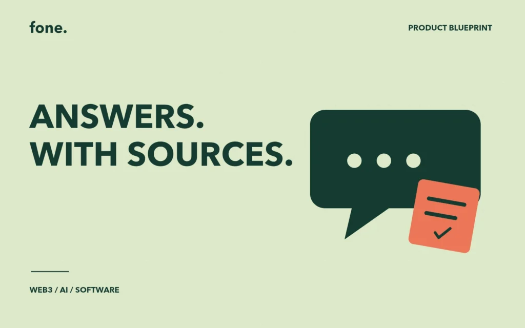 Chat bubble and checked source card beside Answers with sources for an AI support workflow.