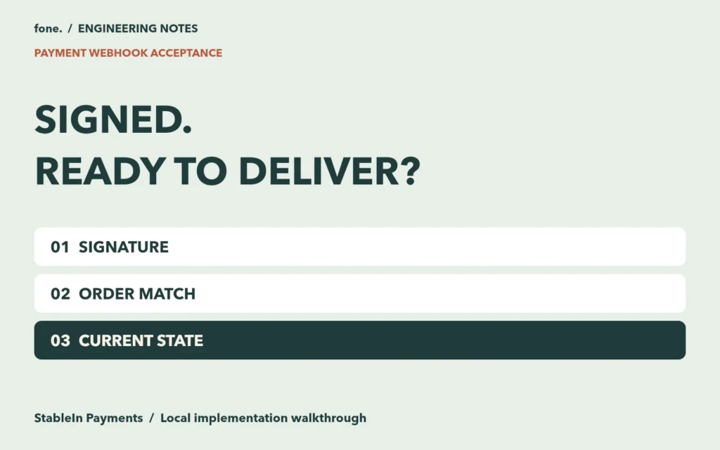 01  SIGNATURE; 02  ORDER MATCH; 03  CURRENT STATE. Editorial diagram for payment webhook acceptance.