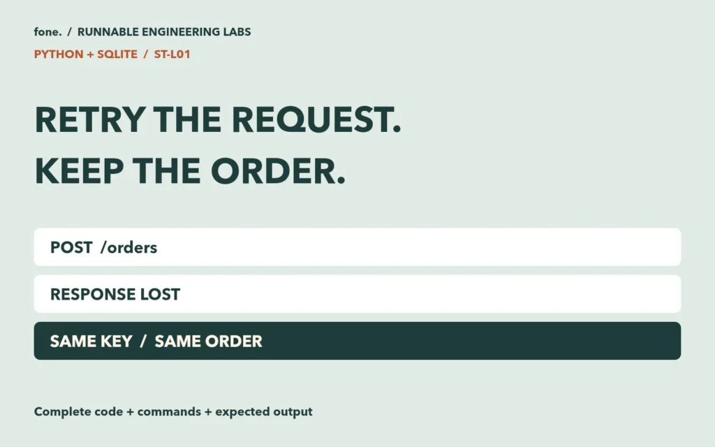 POST  /orders; RESPONSE LOST; SAME KEY  /  SAME ORDER. Build an Idempotent Order API with Python and SQLite.