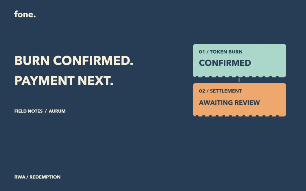 Two separate redemption receipts show token burn confirmed and settlement awaiting review.