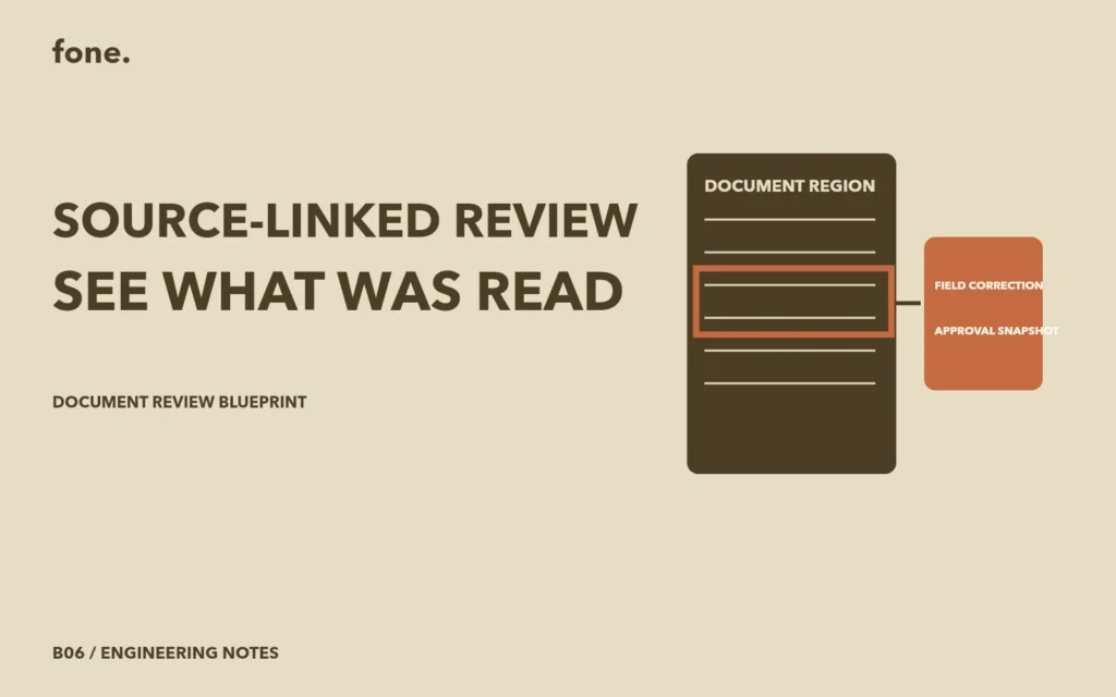 Original concept illustration of document region, field correction, approval snapshot. No product screenshot.