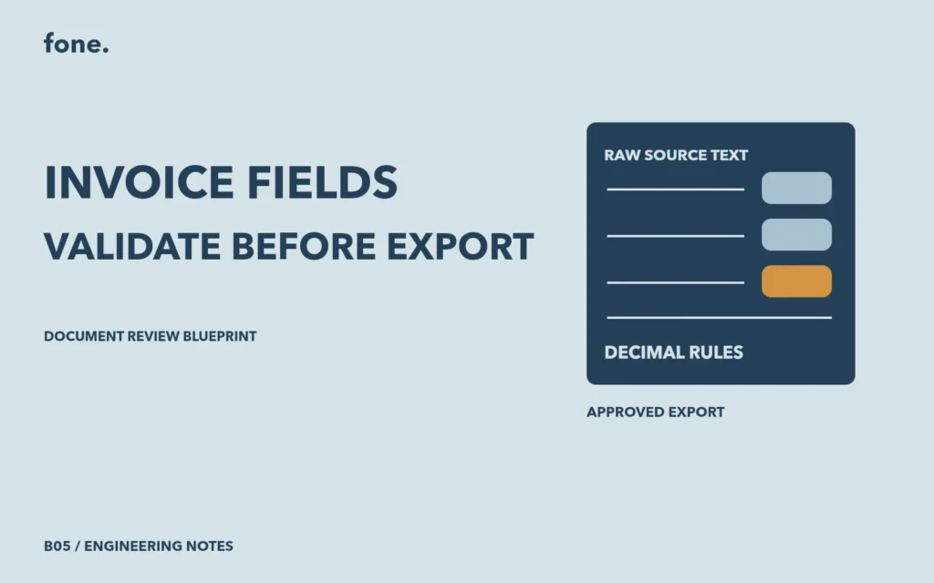 Original concept illustration of raw source text, decimal rules, approved export. No product screenshot.