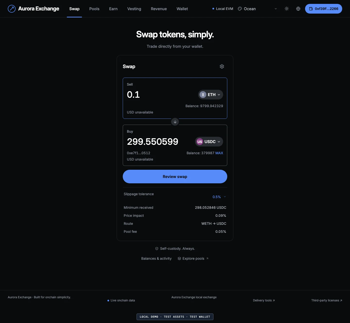 Aurora Exchange English swap interface in a test-asset demonstration.
