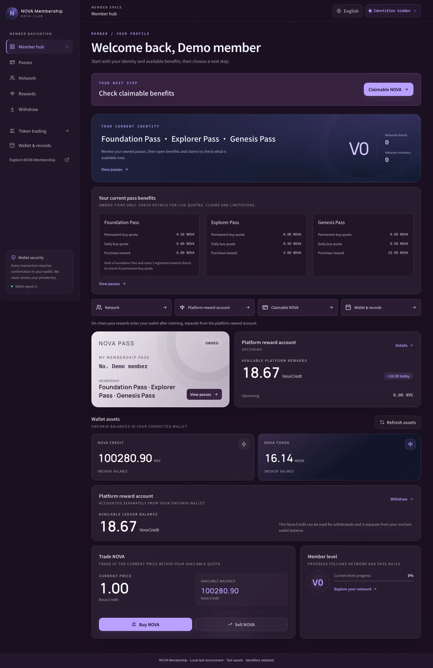 Member space: held passes, rewards and separate wallet balances