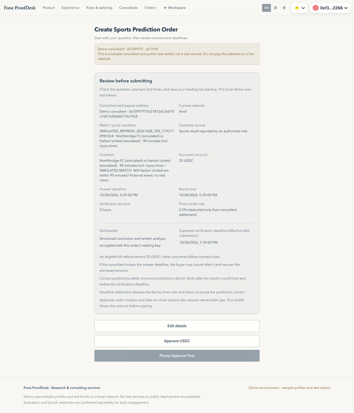 Before payment: review the simulated order, amount and deadlines; no payment submitted